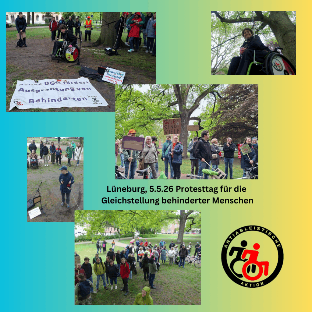 Collage mit Bildern der Kundgebung in Lüneburg. Ein Banner "neues BGG fördert Ausgrenzung von Behinderten" , ein Menschen im Rollstuhl im Baum in Seilen gesichert, Teilnehmer*innen