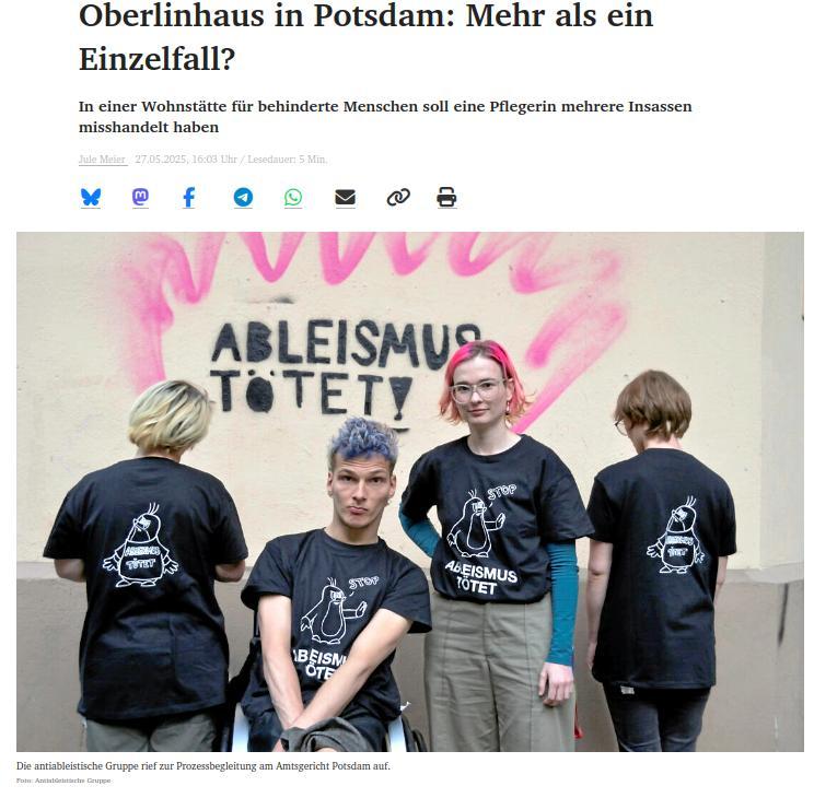 Screenshot Überscxhrift und Bild vom Artikel. Auf dem Bild sind 4 Aktivistis mit T-Shirts Ableismus tötet der Spruch ist auch an einer Wand gesprüht worden